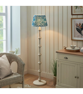 Carnaby Satin Almond White Paint Floor Lamp with Marlin Blue Fabric Ikat Shade 35cm B22-2