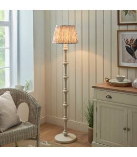 Carnaby Satin Almond White Paint Floor Lamp with Neutral Print Fabric Ikat Shade 35cm B22-2