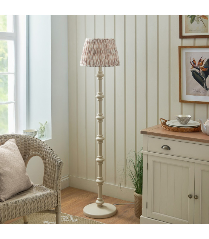 Carnaby Satin Almond White Paint Floor Lamp with Neutral Print Fabric Ikat Shade 35cm B22-3