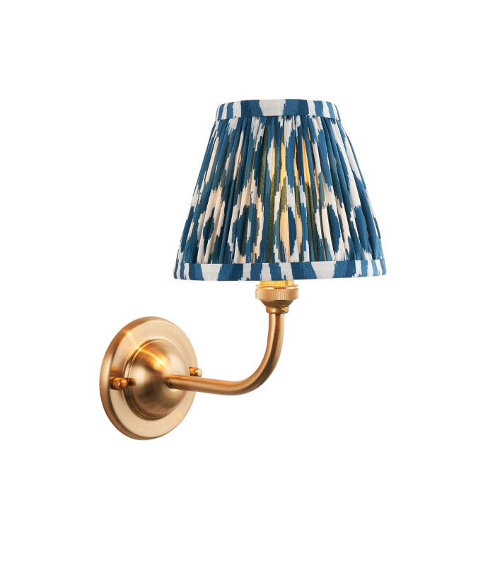Dome Arc Brushed Aged Brass Plate Wall Light with Marlin Blue Fabric Ikat Shade 16cm B22-1