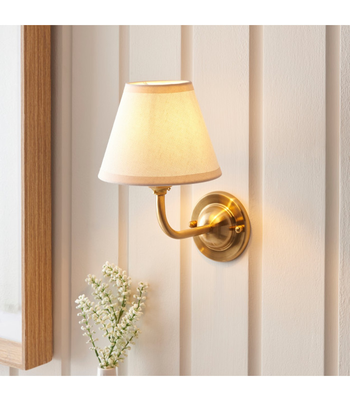 Dome Arc Brushed Aged Brass Plate Wall Light with Vintage White Fabric Ivy Shade 16cm B22-2
