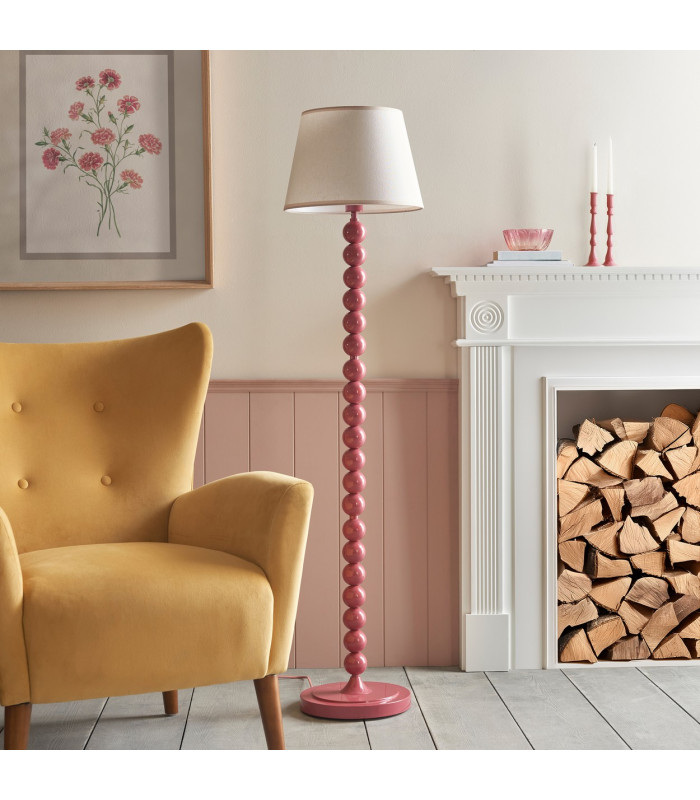 Higgledy Gloss Pink Clay Paint Floor Lamp with Vintage White Fabric Ivy Shade 35cm E27-3