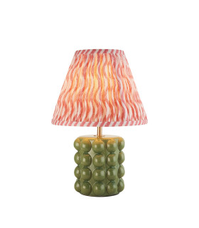 Bobble Olive Green Glaze Table Lamp with Coral Pink Fabric Ripple Shade 25cm B22-1