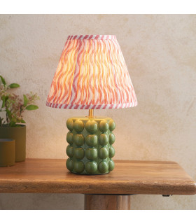 Bobble Olive Green Glaze Table Lamp with Coral Pink Fabric Ripple Shade 25cm B22-2