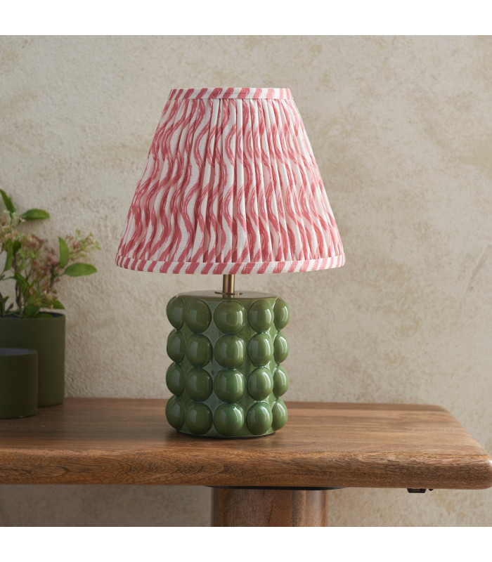 Bobble Olive Green Glaze Table Lamp with Coral Pink Fabric Ripple Shade 25cm B22-3