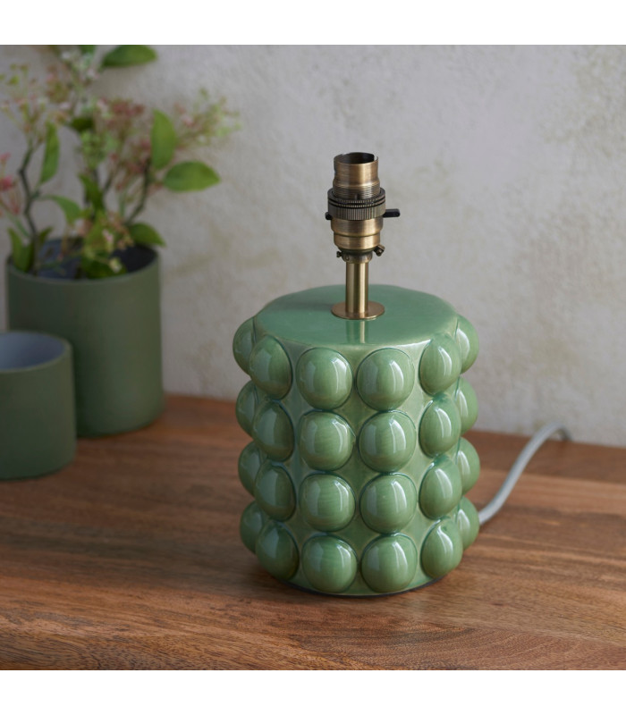 Bobble Olive Green Glaze Table Lamp with Coral Pink Fabric Ripple Shade 25cm B22-5