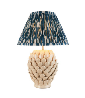Layered Leaf Ivory Crackle Glaze Table Lamp with Marlin Blue Fabric Ikat Shade 30cm B22-1