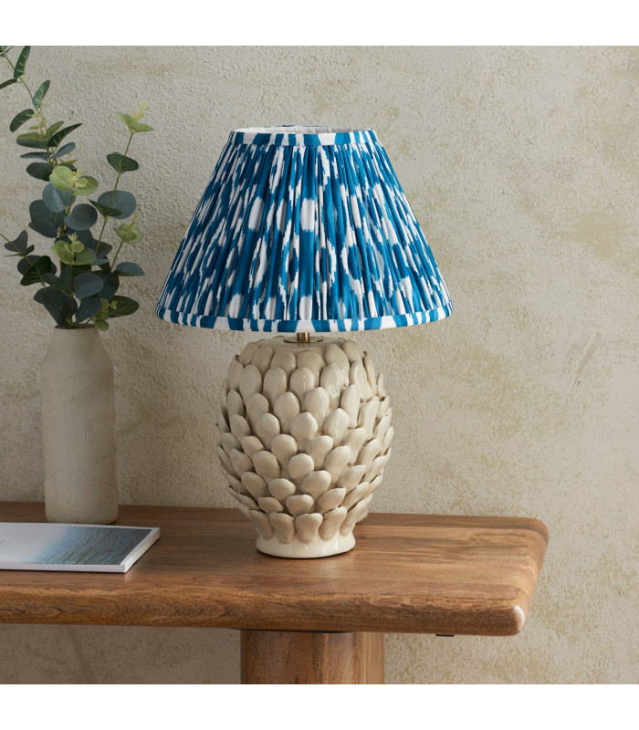 Layered Leaf Ivory Crackle Glaze Table Lamp with Marlin Blue Fabric Ikat Shade 30cm B22-3