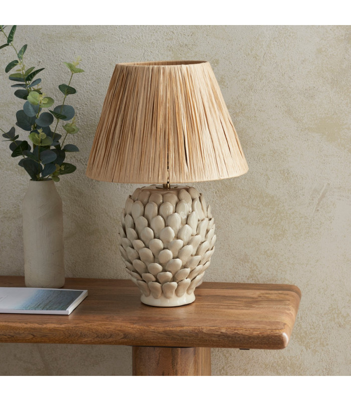 Layered Leaf Ivory Crackle Glaze Table Lamp with Natural Raffia Raffia Shade 30cm B22-3