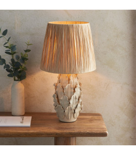 Layered Leaf Ivory Crackle Glaze Table Lamp with Natural Raffia Raffia Shade 32cm B22-2
