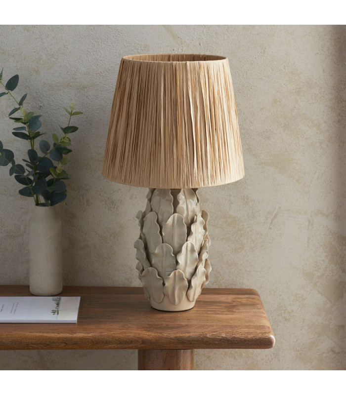 Layered Leaf Ivory Crackle Glaze Table Lamp with Natural Raffia Raffia Shade 32cm B22-3