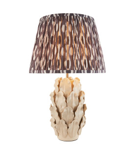 Layered Leaf Ivory Crackle Glaze Table Lamp with Pearl Grey Fabric Ikat Shade 35cm B22-1