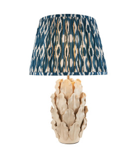 Layered Leaf Ivory Crackle Glaze Table Lamp with Marlin Blue Fabric Ikat Shade 35cm B22-1