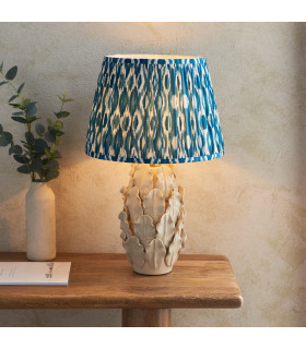 Layered Leaf Ivory Crackle Glaze Table Lamp with Marlin Blue Fabric Ikat Shade 35cm B22-2
