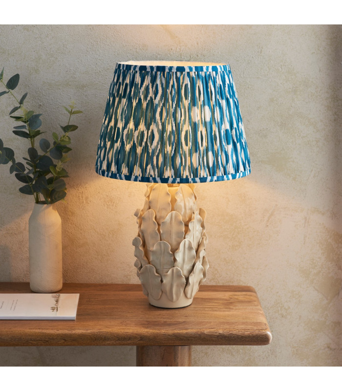 Layered Leaf Ivory Crackle Glaze Table Lamp with Marlin Blue Fabric Ikat Shade 35cm B22-2