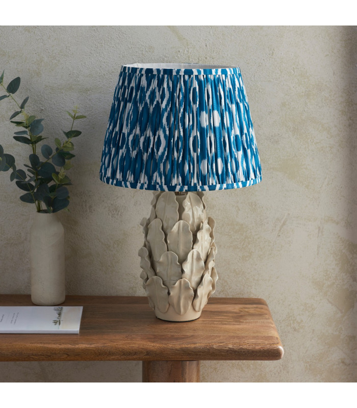Layered Leaf Ivory Crackle Glaze Table Lamp with Marlin Blue Fabric Ikat Shade 35cm B22-3