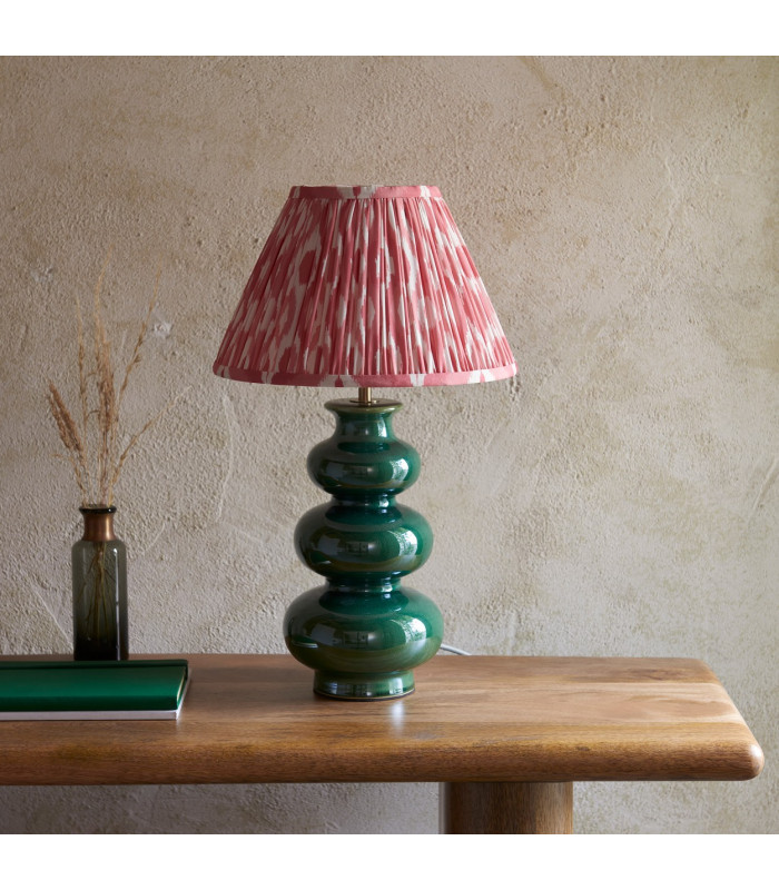 Monroe Gloss Green Glaze Table Lamp with Coral Pink Fabric Ikat Shade 30cm B22-3