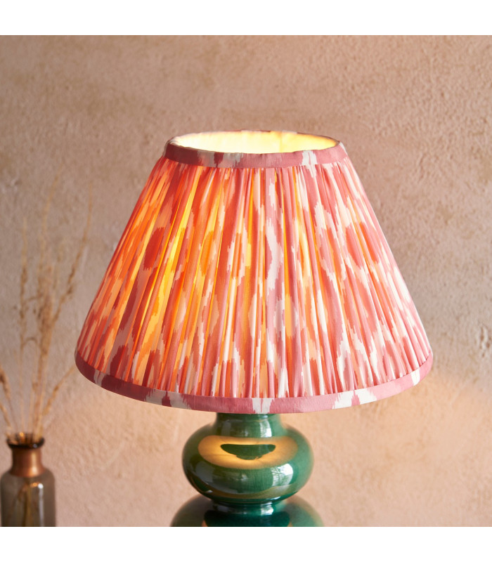 Monroe Gloss Green Glaze Table Lamp with Coral Pink Fabric Ikat Shade 30cm B22-4