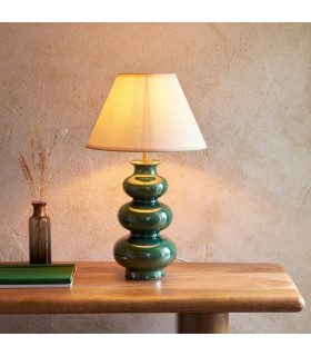 Monroe Gloss Green Glaze Table Lamp with Vintage White Fabric Ivy Shade 30cm B22-2