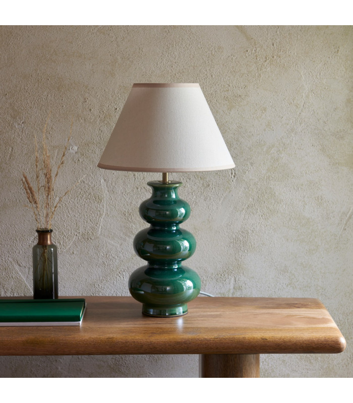 Monroe Gloss Green Glaze Table Lamp with Vintage White Fabric Ivy Shade 30cm B22-3