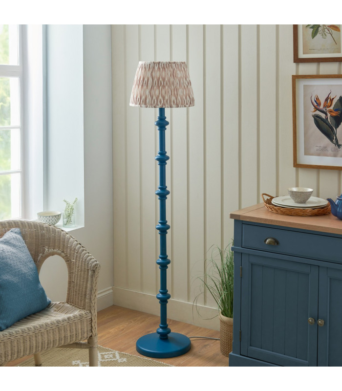 Carnaby Satin Marlin Blue Paint Floor Lamp with Neutral Print Fabric Ikat Shade 35cm B22-3