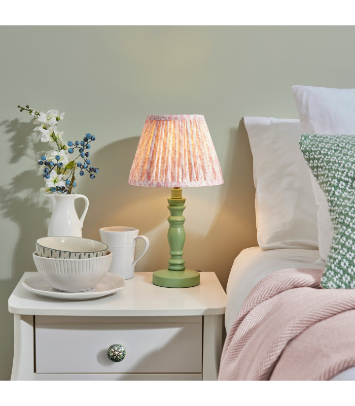 Bibury Satin Cotswold Green Paint Table Lamp with Peachy Keen Fabric Leaf Shade 20cm B22-2