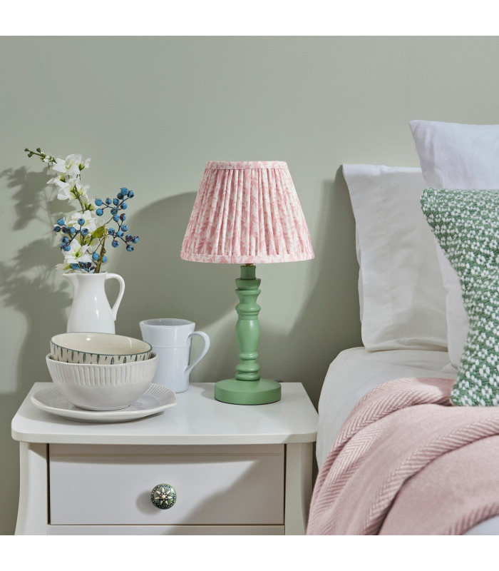 Bibury Satin Cotswold Green Paint Table Lamp with Peachy Keen Fabric Leaf Shade 20cm B22-3