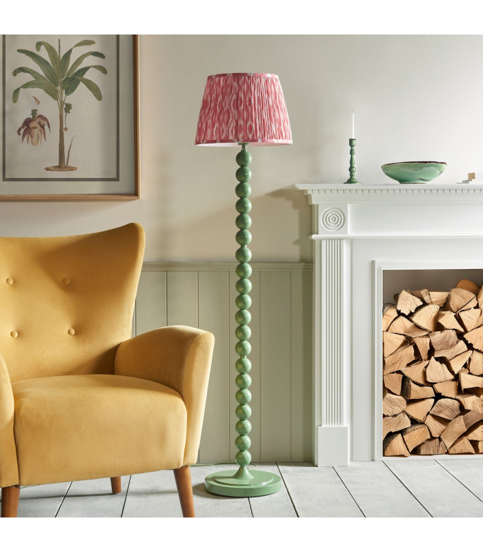 Higgledy Gloss Cotswold Green Paint Floor Lamp with Coral Pink Fabric Ikat Shade 35cm E27-3
