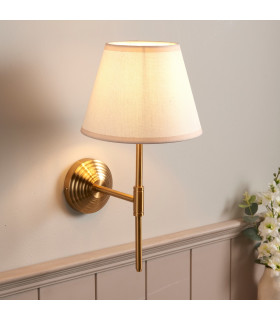 Obelisk T Bar Brushed Aged Brass Plate Wall Light with Vintage White Fabric Ivy Shade 20cm B22-2