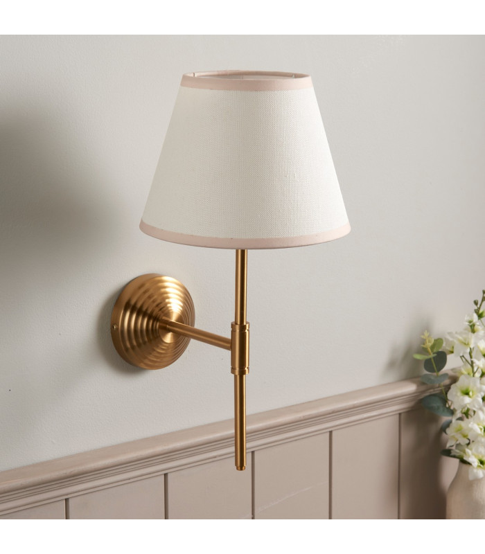 Obelisk T Bar Brushed Aged Brass Plate Wall Light with Vintage White Fabric Ivy Shade 20cm B22-3