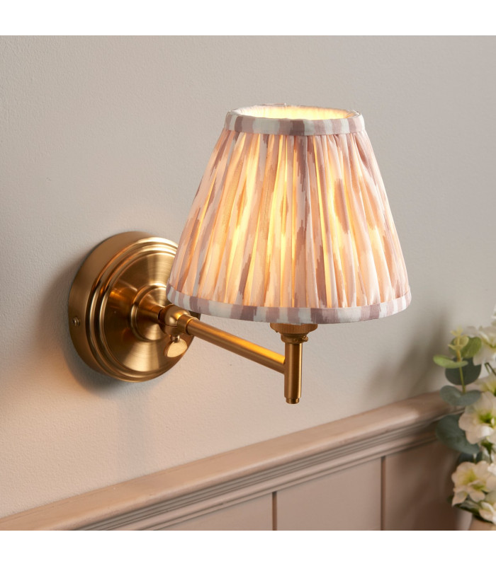 Step Fold Brushed Aged Brass Plate Wall Light with Neutral Print Fabric Ikat Shade 16cm B22-2