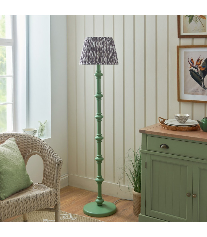 Carnaby Satin Cotswold Green Paint Floor Lamp with Pearl Grey Fabric Ikat Shade 35cm B22-3