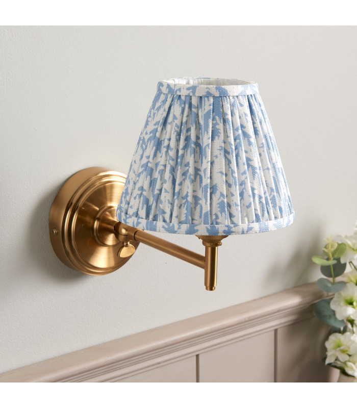 Step Fold Brushed Aged Brass Plate Wall Light with Shell Bay Blue Fabric Leaf Shade 16cm B22-3