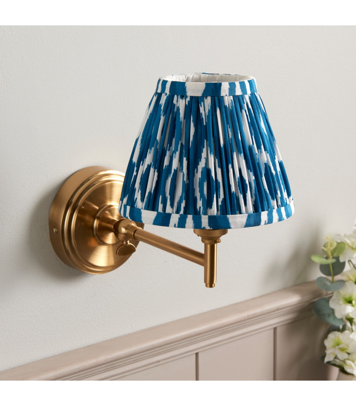 Step Fold Brushed Aged Brass Plate Wall Light with Marlin Blue Fabric Ikat Shade 16cm B22-3