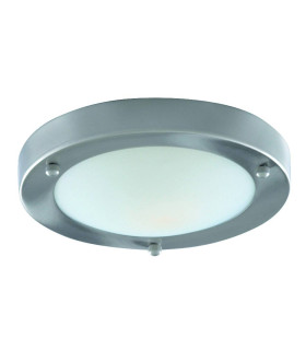 1 Light Bathroom Flush Ceiling Light Satin Silver Round with Domed Glass Diffuser IP44 E27_Main