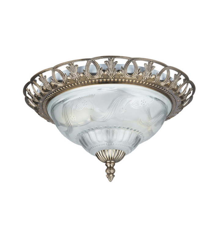 Flush Ceiling 2 Light Antique Brass with Frosted Glass Diffuser E14_Off