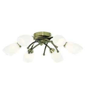Opera 6 Light Flush Multi Arm Ceiling Light Antique Brass and Opal Glass G9_Main