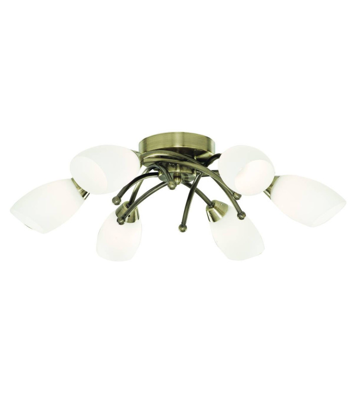 Opera 6 Light Flush Multi Arm Ceiling Light Antique Brass and Opal Glass G9_Main