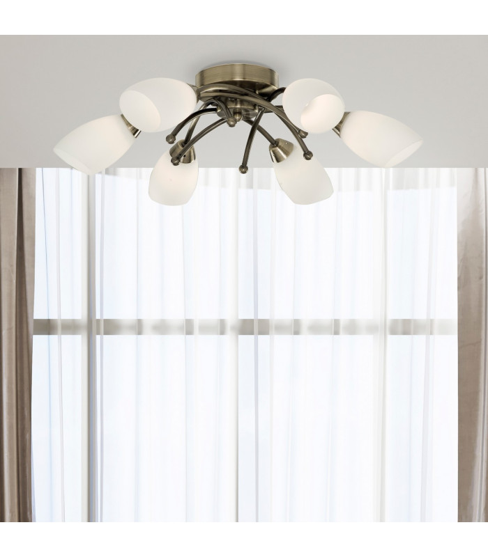Opera 6 Light Flush Multi Arm Ceiling Light Antique Brass and Opal Glass G9_Room