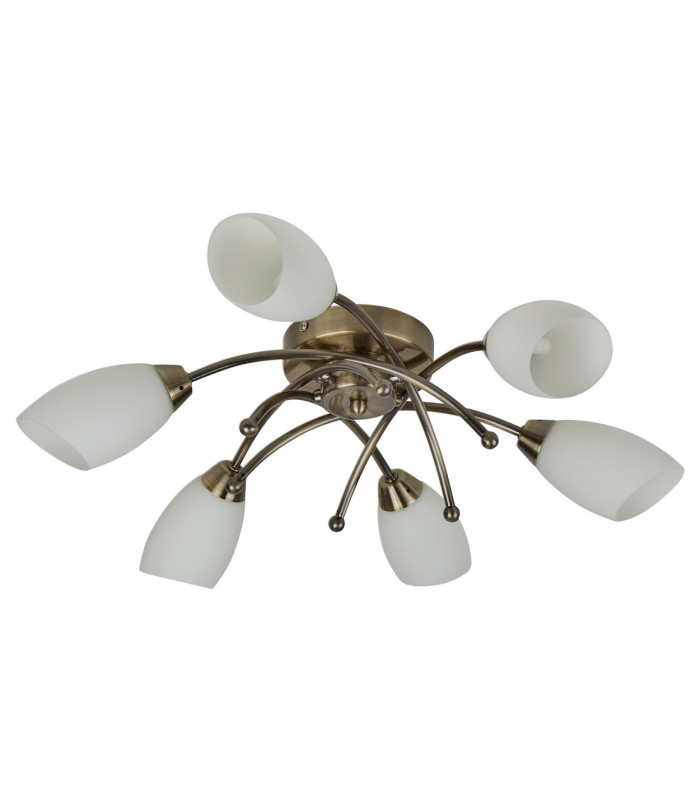 Opera 6 Light Flush Multi Arm Ceiling Light Antique Brass and Opal Glass G9_Off