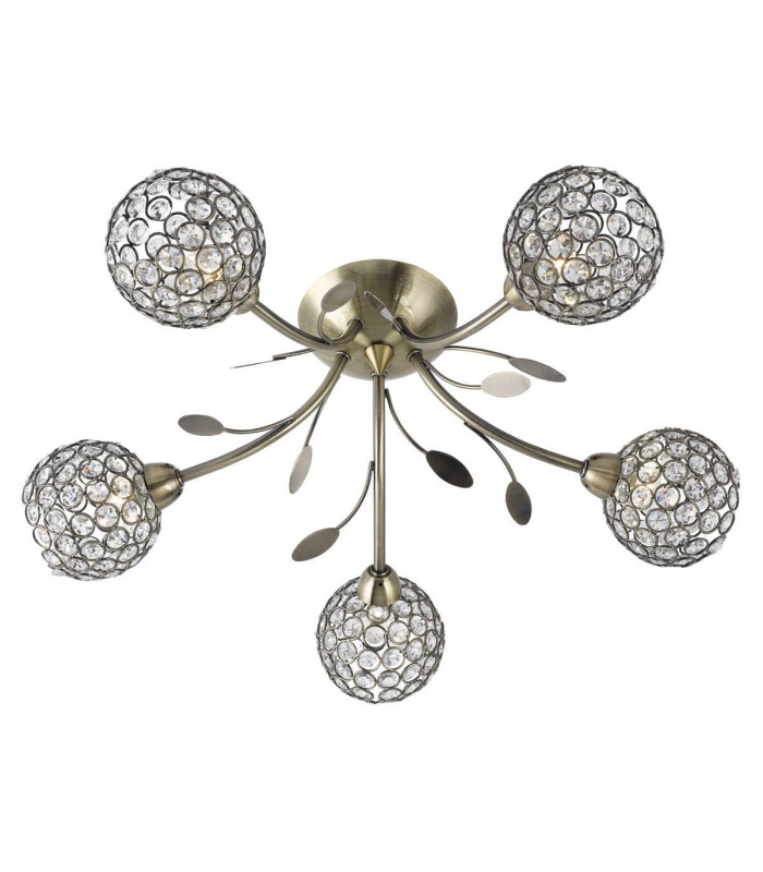 Bellis 5 Light Semi Flush Multi Arm Ceiling Light Antique Brass and Glass G9_Main