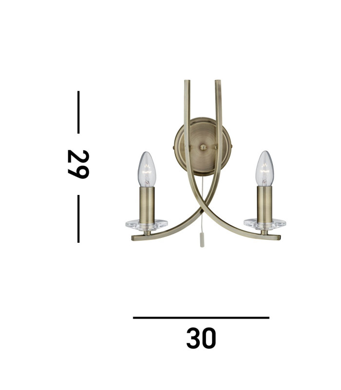 Ascona 2 Light Indoor Glass Candle Wall Light Antique Brass E14_Line