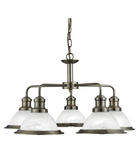 Bistro 5 Light Multi Arm Ceiling Pendant Antique Brass Acid Glass E27_Main