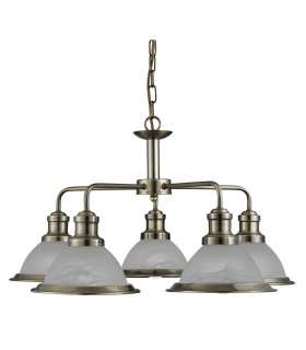 Bistro 5 Light Multi Arm Ceiling Pendant Antique Brass Acid Glass E27_Off