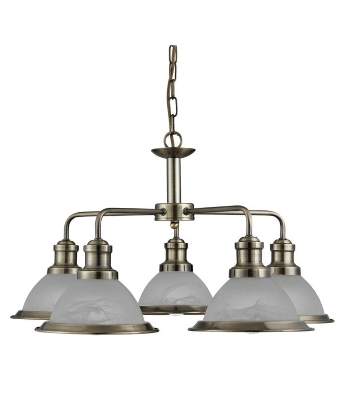 Bistro 5 Light Multi Arm Ceiling Pendant Antique Brass Acid Glass E27_Off