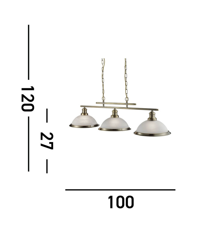 Bistro 3 Light Ceiling Pendant Bar Antique Brass Acid Glass E27_Line