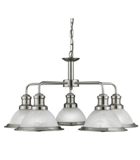 Bistro 5 Light Multi Arm Ceiling Pendant Satin Silver Acid Glass E27_Main