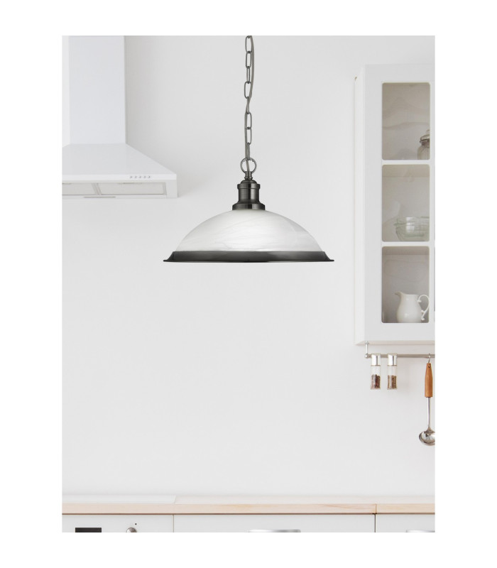 Bistro 1 Light Dome Ceiling Pendant Satin Silver Acid Glass E27_Room