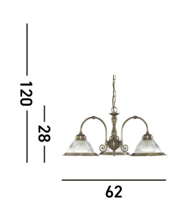 American Diner 3 Light Multi Arm Ceiling Pendant Antique Brass Ribbed Glass E27_Line