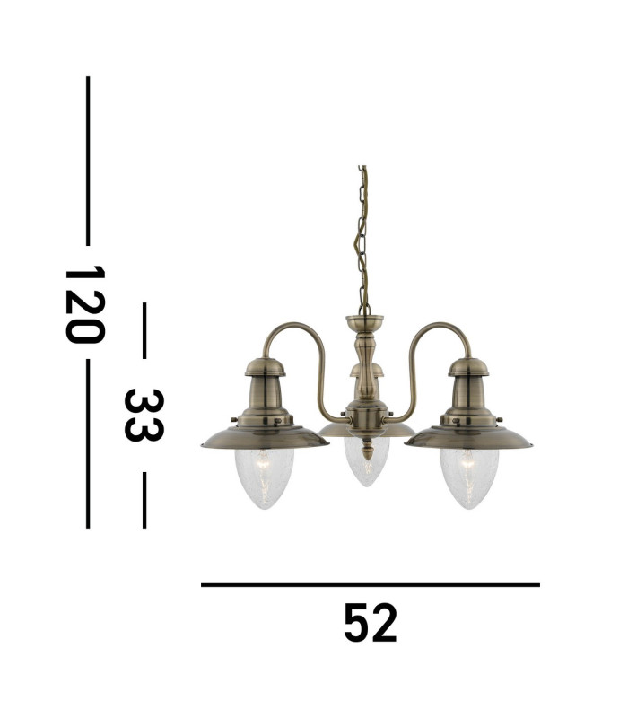 Fisherman 3 Light Multi Arm Ceiling Pendant Antique Brass Seeded Glass E27_Line